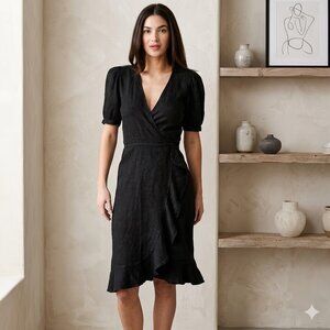 Honorine Edie Linen Wrap Dress Ruffled Black XS